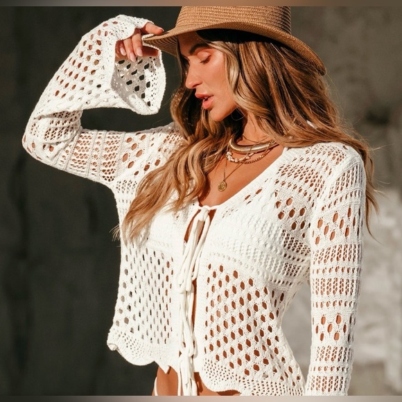 Sweaters - WORN ONCE Cream Crochet Tie-Front Top
